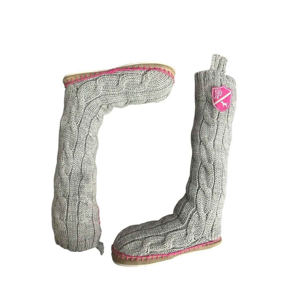 Victorias Secret Love Pink Sweater Cream Knit Sock Slippers Shoes Size S 5-6